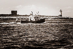 Lobsterboat by Straismouth Island Light - Sepia Tone